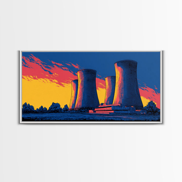 Pop Art Cooling Towers Canvas Print, Neon Sunset Industrial Landscape, Retro Modern Wall Art, Bold MCM Man Cave Office Decor