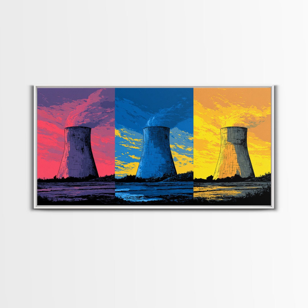 Triptych Cooling Tower Wall Art, Three Panel Pop Art Industrial Poster, Colorful Retro Canvas Print, Bold Modern Office Decor