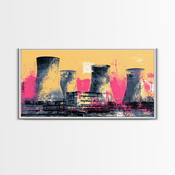 Pink Nuclear Power Plant Canvas Print, Industrial Landscape Wall Decor, Retro Modern Art Print, Bold Statement Artwork For Home Decor