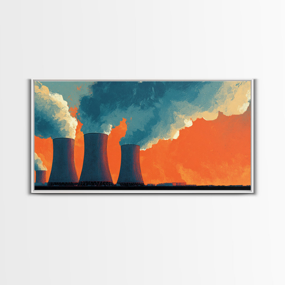 Orange Nuclear Cooling Towers Framed Canvas Print, Industrial Skyline Wall Art, Retro Modern Decor, Bold Landscape Poster