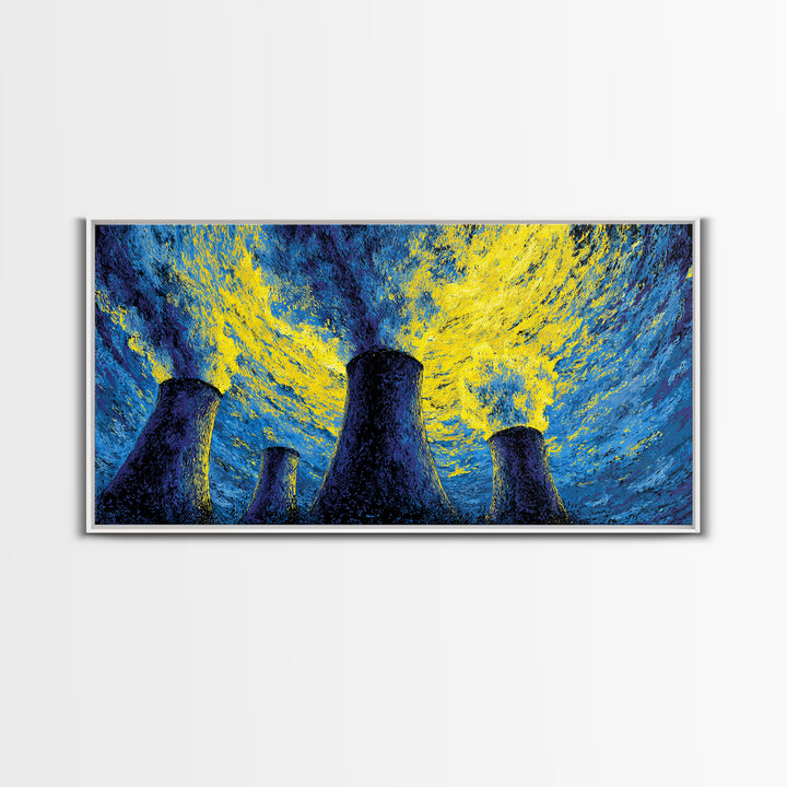 Blue Yellow Cooling Towers Canvas Print, Industrial Night Sky Wall Art, Modern Abstract Decor, Retro Sci Fi Poster Print