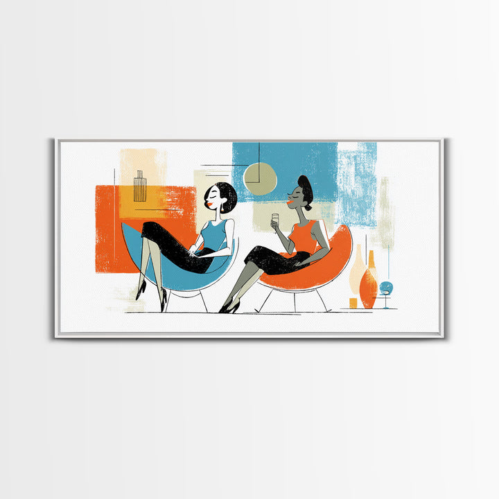 Midcentury Women Lounge Wall Art, Cocktail Chair Illustration, Retro Modern Decor, Colorful MCM Living Room Poster Art Print