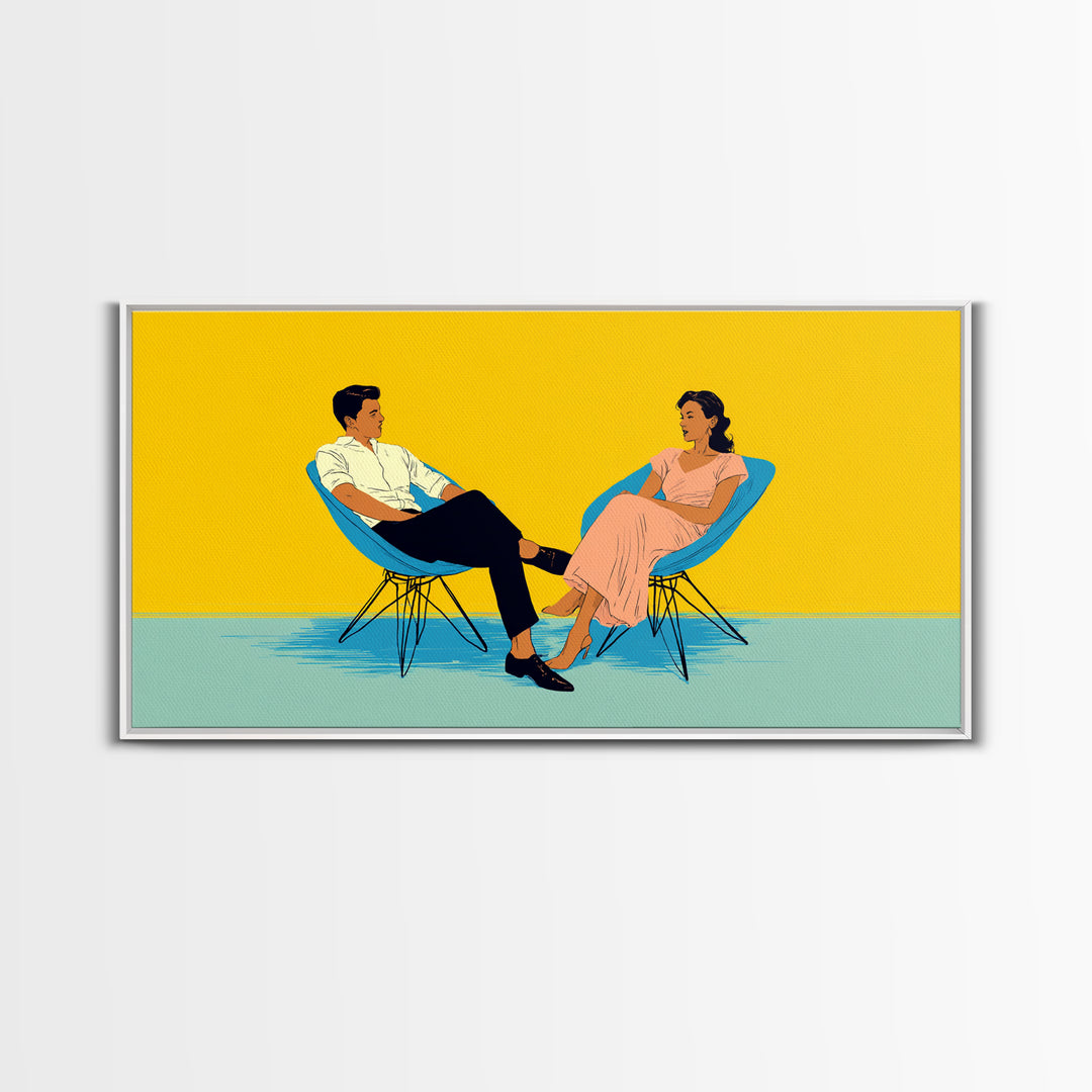 Midcentury Couple In Blue Chairs Canvas Print, Retro Modern Wall Art, MCM Lounge Decor, Colorful Living Room Poster Art Print