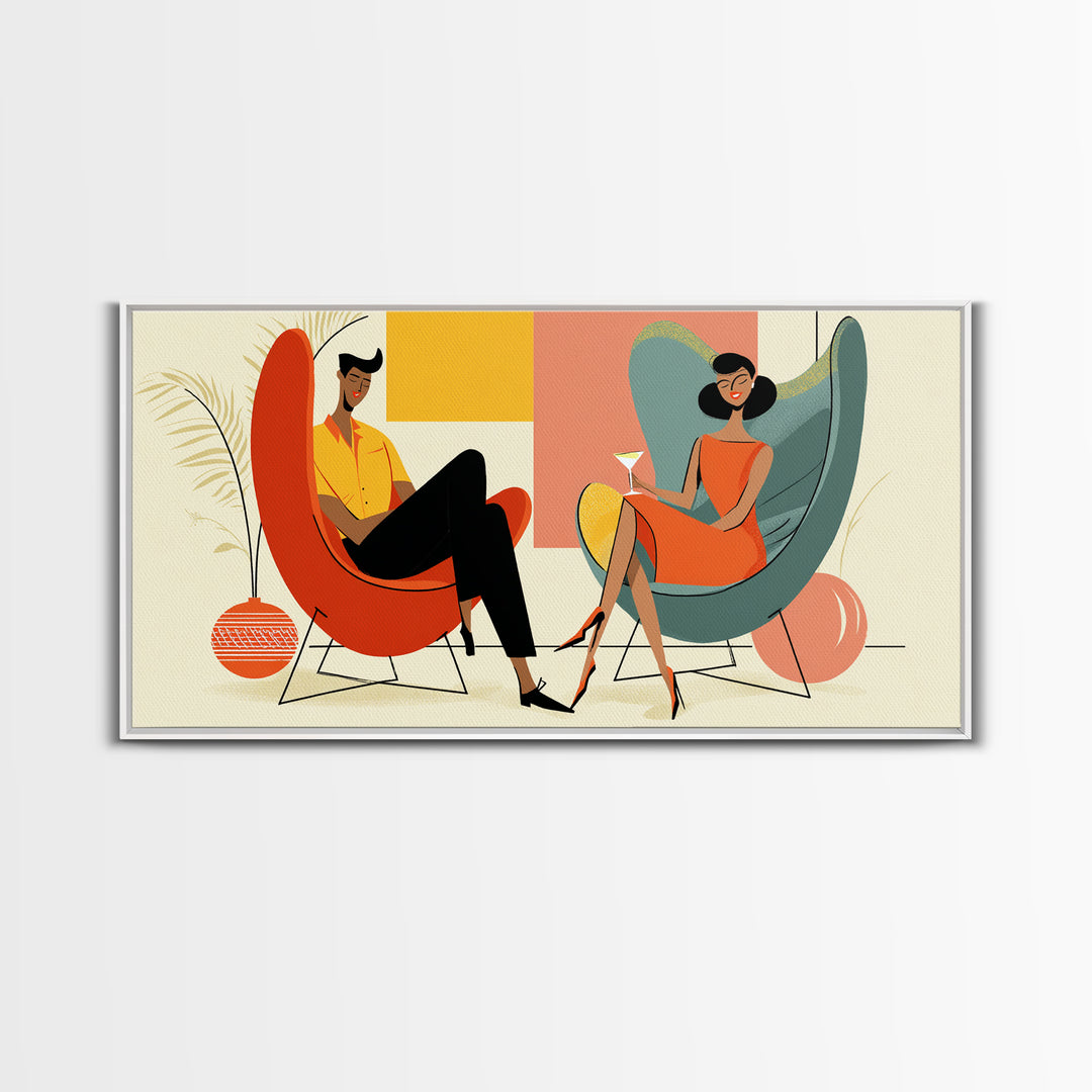 Midcentury Cocktail Lounge Framed Canvas Print, Stylish Couple Wall Art, Retro MCM Decor, Modern Living Room Poster Art Print