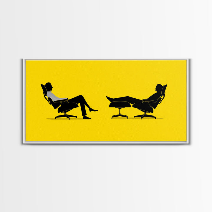 Yellow Midcentury Lounge Chairs Canvas Print, Minimal Couple Silhouette Wall Art, Retro Modern MCM Living Room Decor Poster