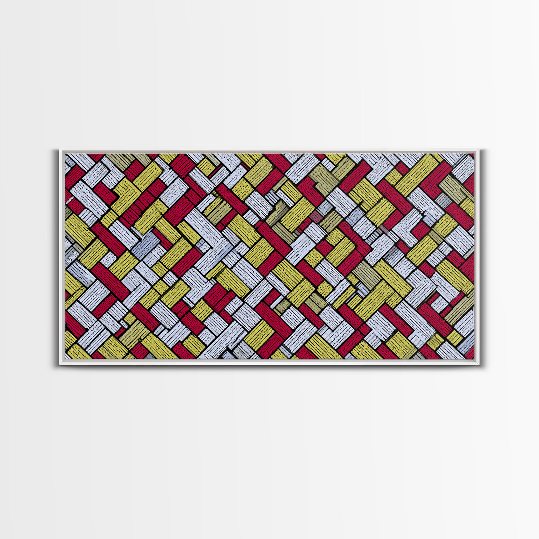 Red Yellow Herringbone Brick Pattern Canvas Print, Retro Geometric Wall Art, Mid Century Modern Decor For Kitchen Office