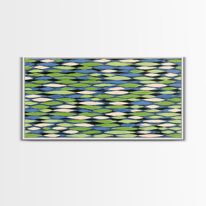 Blue Green Cream Diamond Lattice Wall Art, Scandinavian Modern Geometric Print, Mid Century Decor For Living Room Office