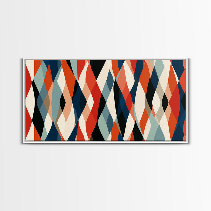Red Teal Cream Wavy Diamond Pattern Framed Canvas Print, Retro Modern Abstract Wall Art, Mid Century Decor For Living Room