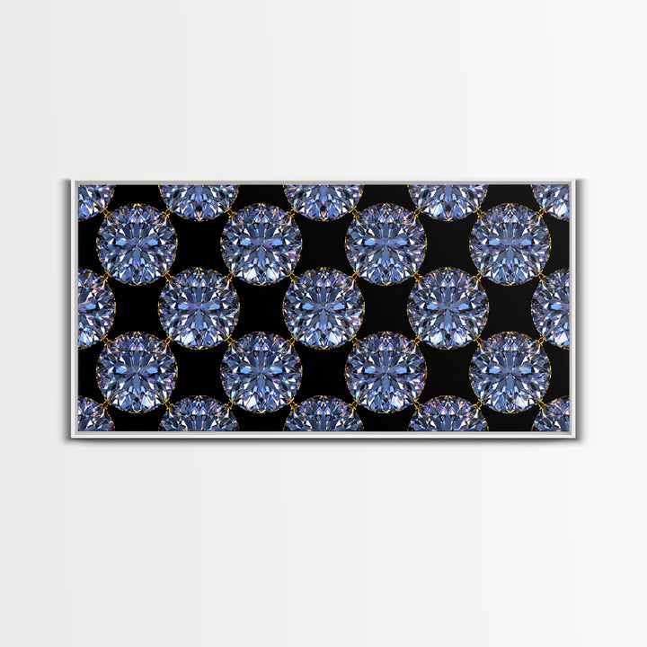 Blue Diamond Gemstone Circle Pattern Framed Canvas Print, Glam Modern Wall Art, Geometric Decor For Bedroom Vanity Office