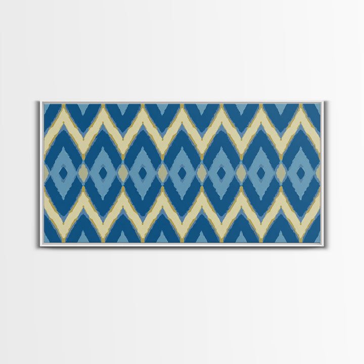 Blue Gold Ikat Chevron Diamond Wall Art, Scandinavian Modern Geometric Print, Mid Century Decor For Bedroom Living Room Home