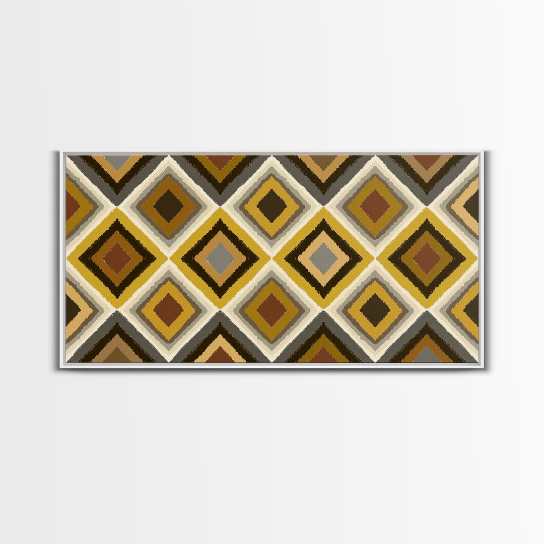 Brown Gold Gray Retro Diamond Pattern Canvas Print, Mid Century Modern Wall Art, Geometric MCM Decor For Living Room Office