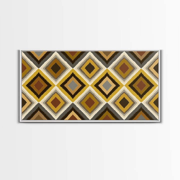 Brown Gold Gray Retro Diamond Pattern Canvas Print, Mid Century Modern Wall Art, Geometric MCM Decor For Living Room Office
