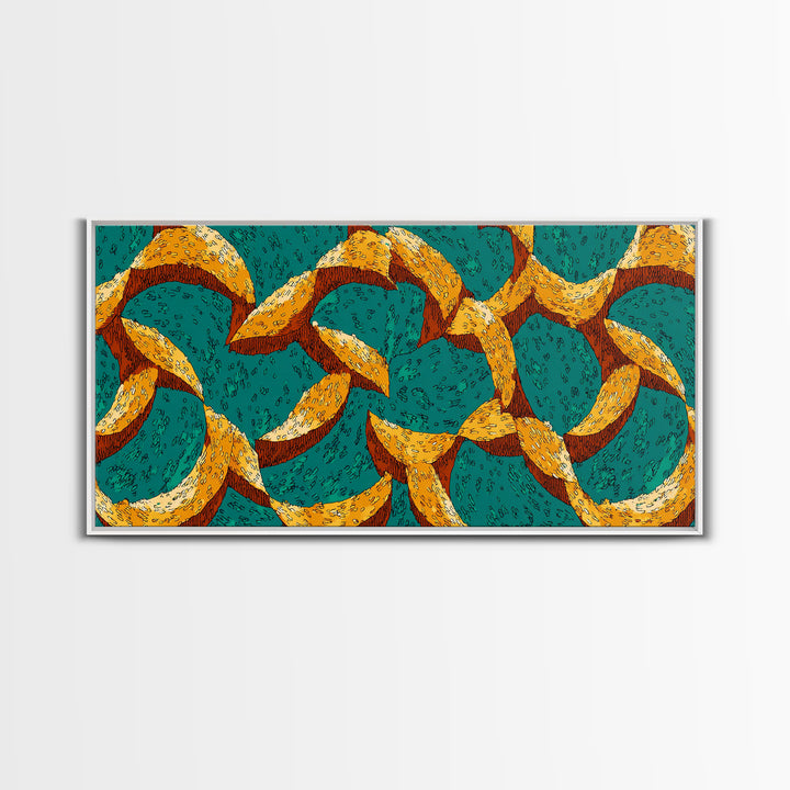 Teal And Mustard Boomerang Atomic Pattern Wall Art, Midcentury Modern Retro Print, Funky Geometric Decor For Home Office
