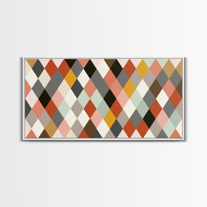 Pastel Orange Gray Harlequin Diamond Wall Art, Mid Century Modern Abstract Print, Geometric MCM Decor For Living Room Office