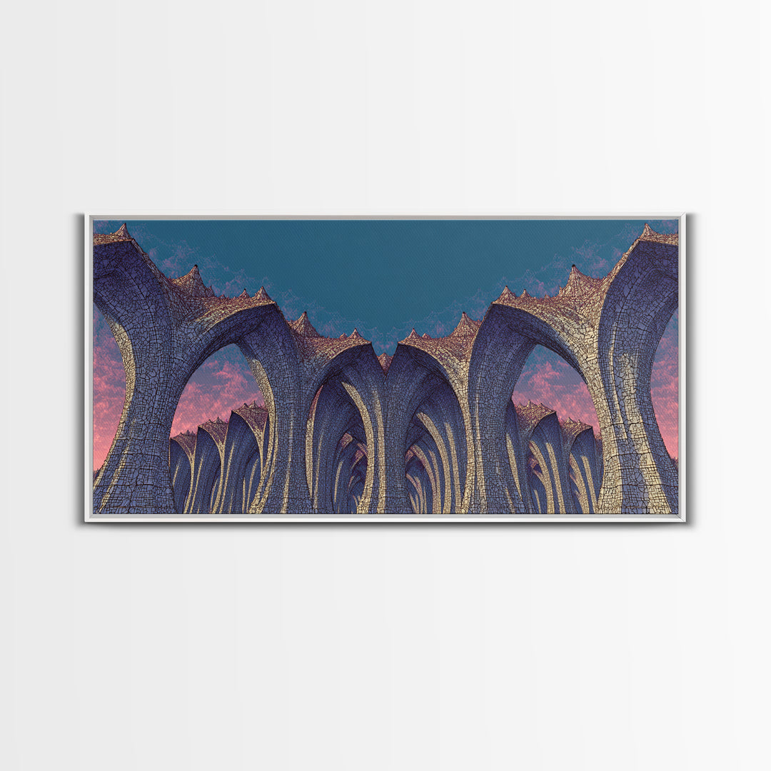 Gothic Blue Arches At Dusk Wall Art, Architectural Art Print, Midcentury Modern Decor, Abstract Wall Decor, Large Canvas