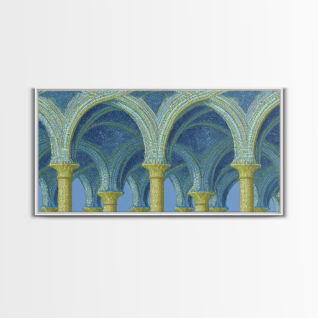 Blue Gold Mosaic Vaulted Arches Framed Canvas Print, Architectural Art, Modern Wall Decor, Midcentury Abstract Art, Blue Art Print