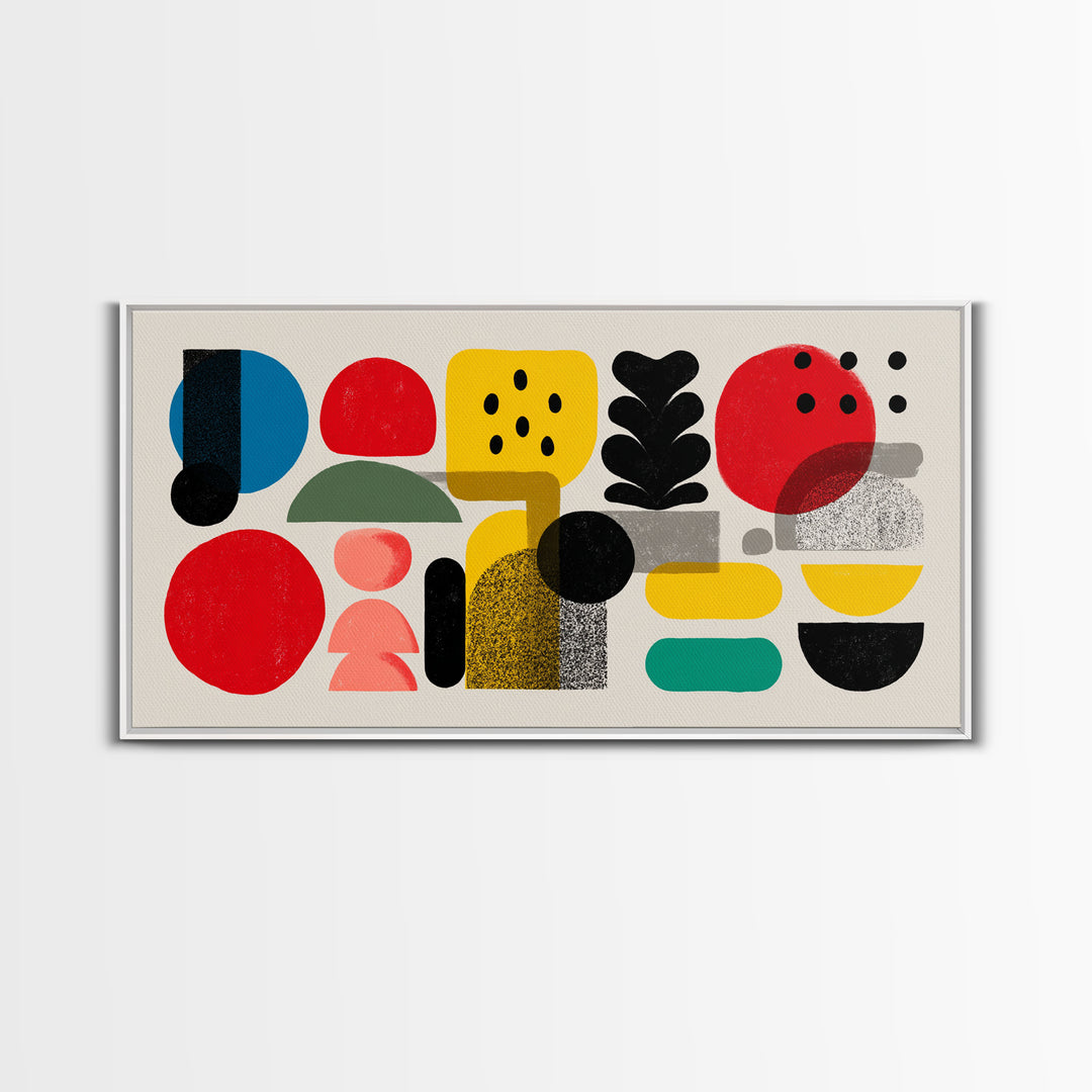 Playful Bauhaus Shapes And Plant Canvas Print, Midcentury Modern Wall Art, Colorful Abstract Decor, Modern Art Print, Home Office Art
