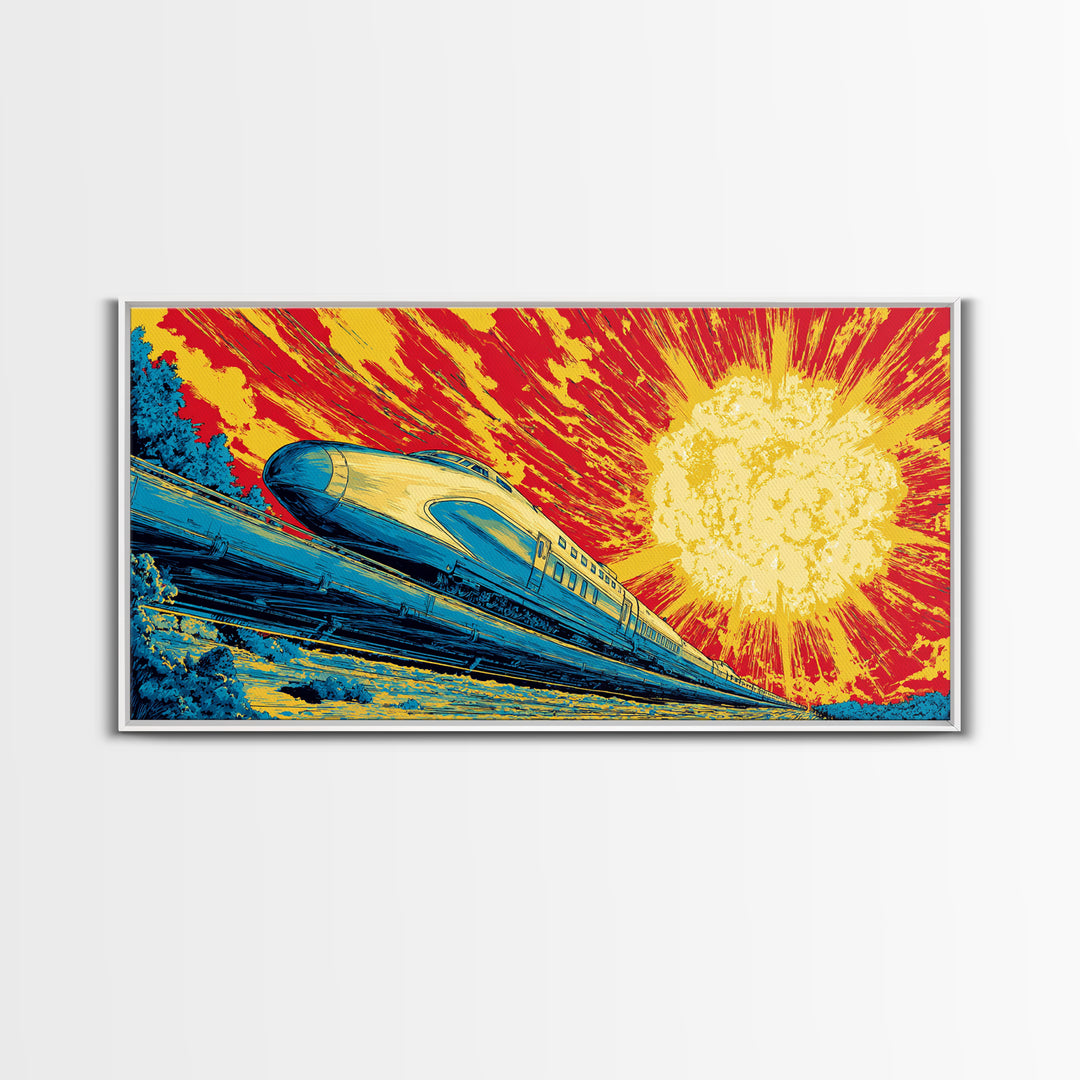 Streamlined Bullet Train Canvas Print, Blazing Solar Sky Poster, Retro Sci Fi Travel Art, Midcentury Modern Wall Decor, MCM