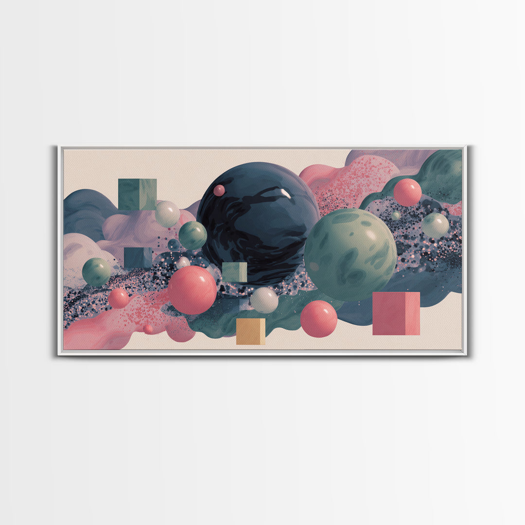 Pastel 3D Spheres And Abstract Cloudscape Framed Canvas Print, Midcentury Modern Wall Art, Retro Modern Home Decor, Gallery Wall Decor
