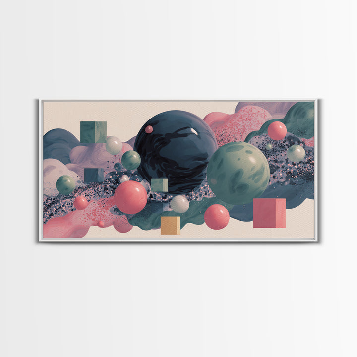 Pastel 3D Spheres And Abstract Cloudscape Framed Canvas Print, Midcentury Modern Wall Art, Retro Modern Home Decor, Gallery Wall Decor