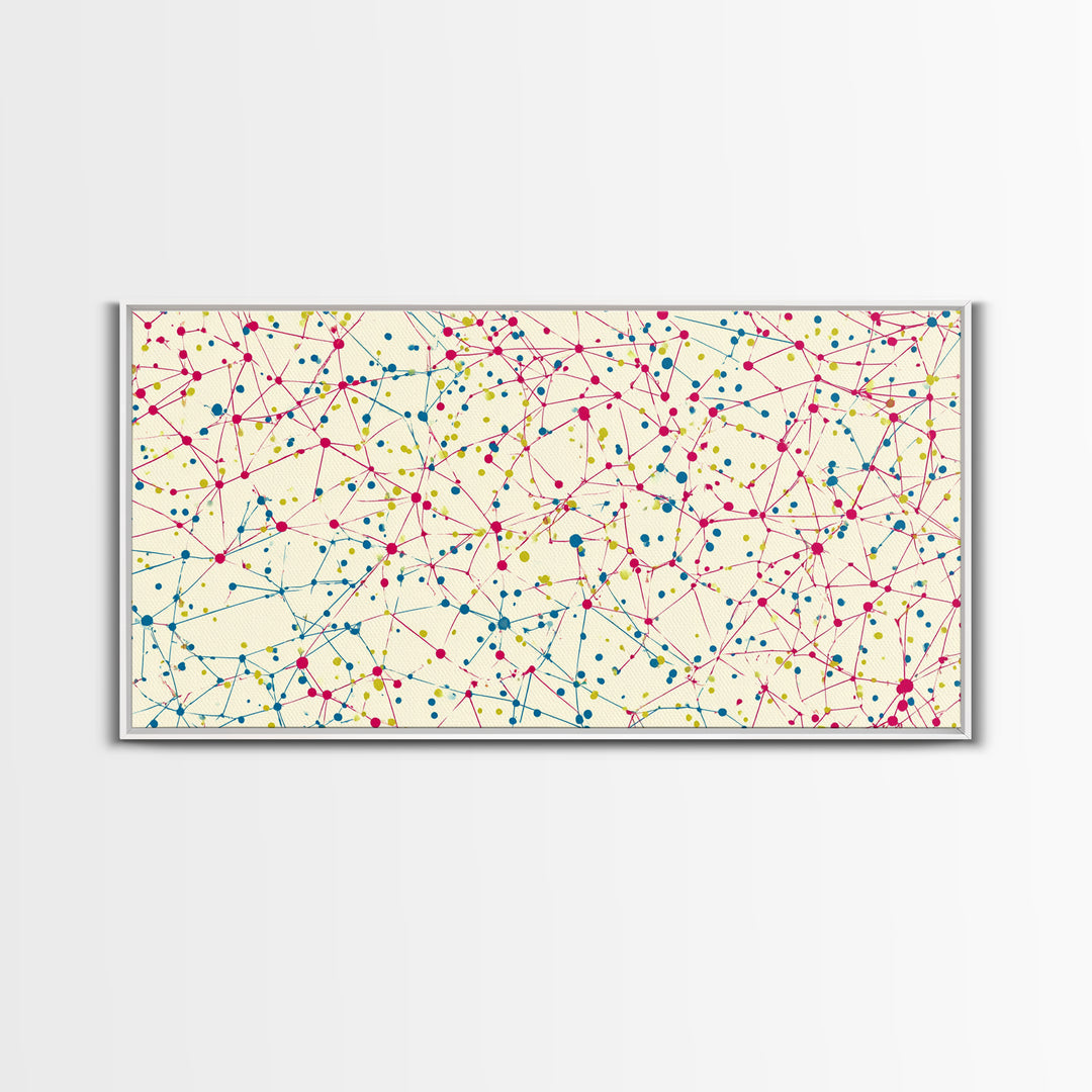 Pink Teal Yellow Connected Dot Pattern Canvas Print, Midcentury Modern Abstract Wall Art, Colorful Geometric Home Office Decor