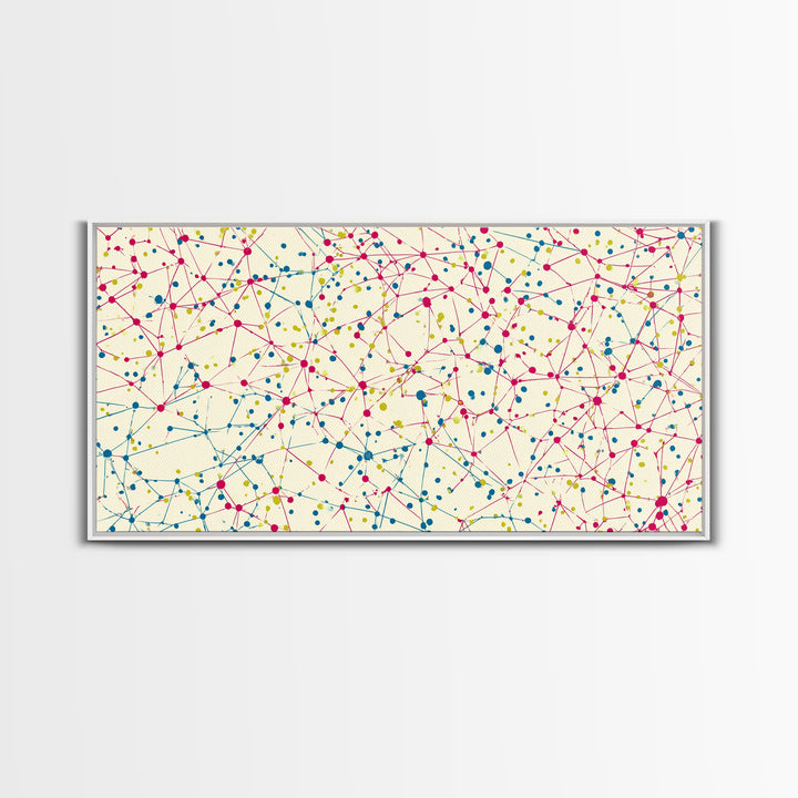 Pink Teal Yellow Connected Dot Pattern Canvas Print, Midcentury Modern Abstract Wall Art, Colorful Geometric Home Office Decor