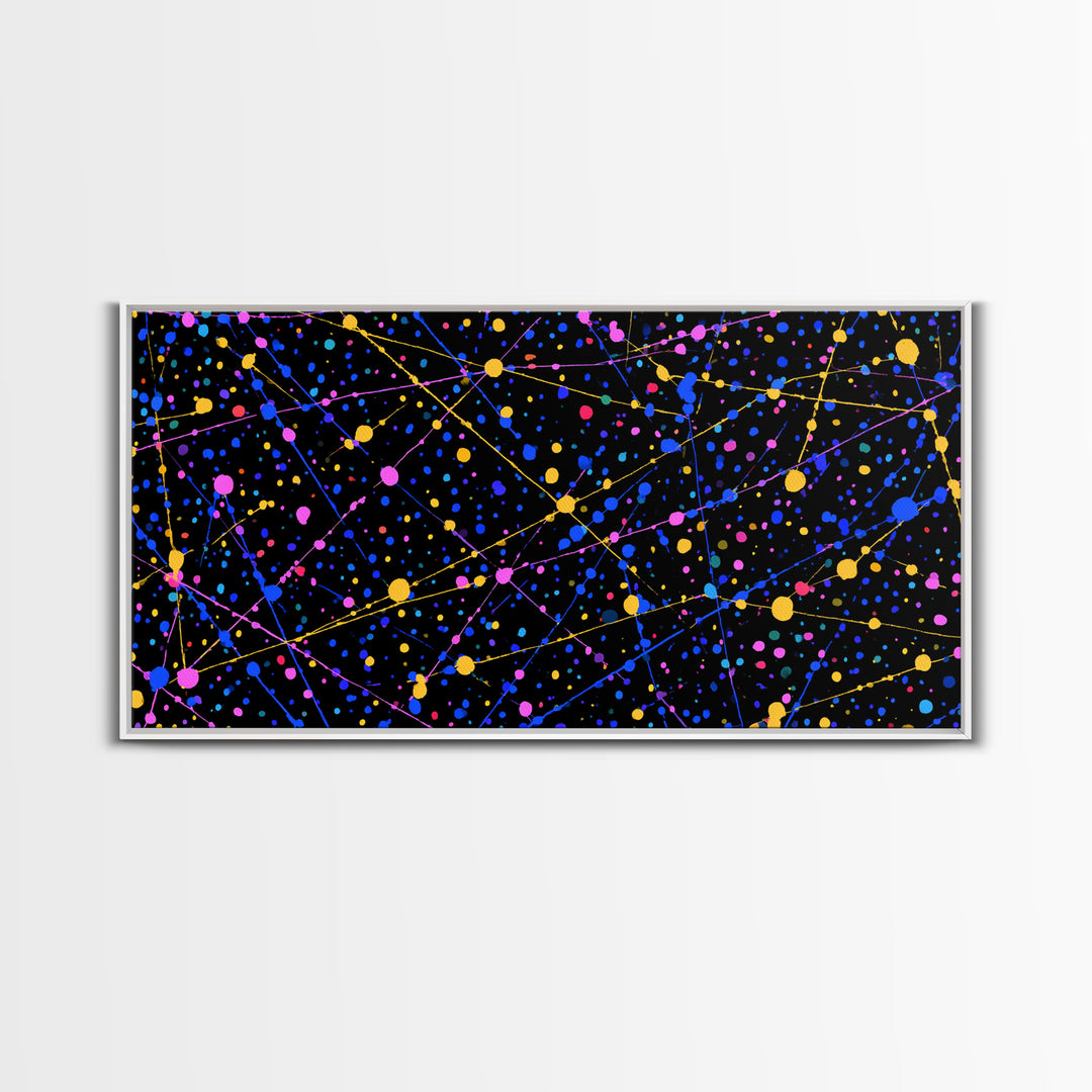 Black Cosmic Splatter Network With Pink Blue Gold Dots Wall Art, Retro Modern Abstract Art Print, Space Abstract Living Room Decor