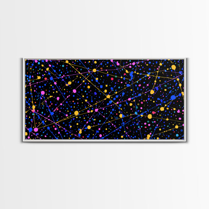 Black Cosmic Splatter Network With Pink Blue Gold Dots Wall Art, Retro Modern Abstract Art Print, Space Abstract Living Room Decor