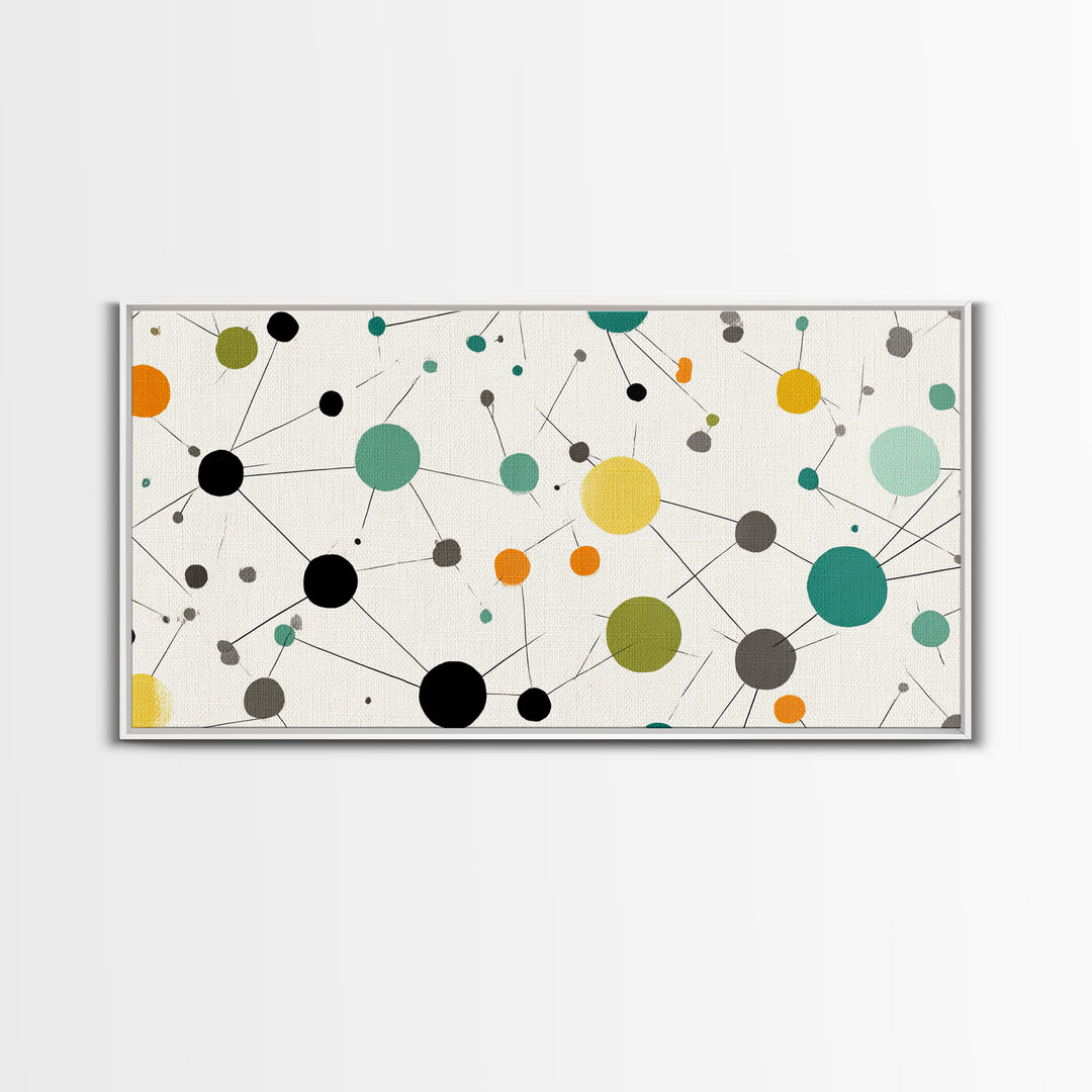 Teal Yellow Orange Atomic Circles Framed Canvas Print, Midcentury Modern Wall Art, Geometric Abstract Office And Home Decor