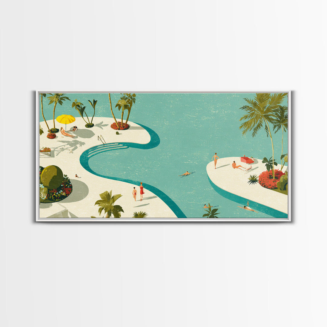Retro Palm Resort Pool With Turquoise Lagoons Wall Art, Mid Century Modern Decor, MCM Travel Poster, Coastal Home Print Gift