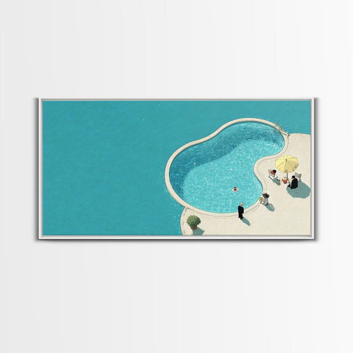 Minimal Aqua Kidney Pool With Umbrellas Canvas Print, Mid Century Modern Wall Decor, Retro Resort Poster, Coastal Pool Art