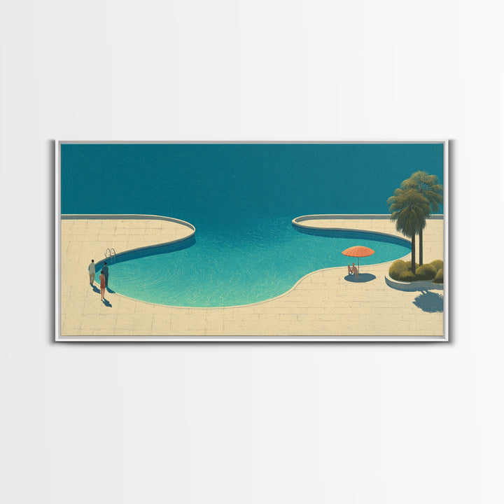 Serene Lagoon Pool With Palm And Umbrella Framed Canvas Print, Mid Century Modern Wall Decor, Retro Coastal Resort Art Poster