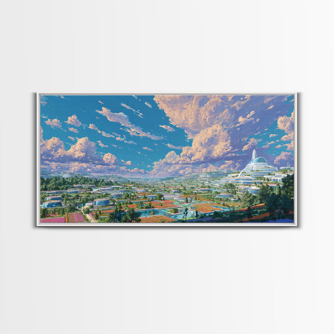 Futuristic Eco City Under Big Clouds Canvas Print, Sci Fi Landscape Wall Decor, Modern Utopia Poster, Panoramic Home Art