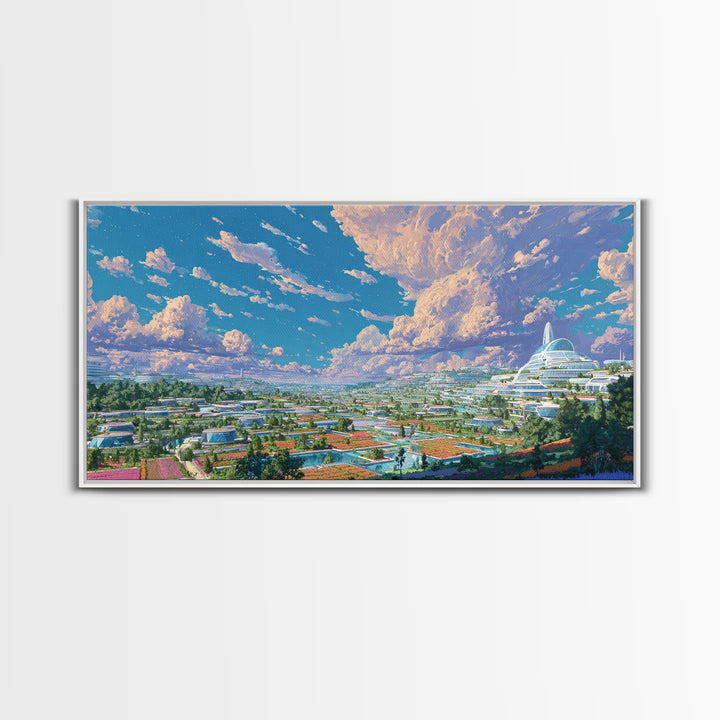 Futuristic Eco City Under Big Clouds Canvas Print, Sci Fi Landscape Wall Decor, Modern Utopia Poster, Panoramic Home Art