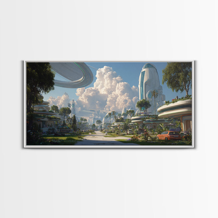 Futuristic Garden City With Rings And Towers Canvas Print, Sci Fi Wall Decor, Modern Landscape Poster, Eco Utopia Home Art