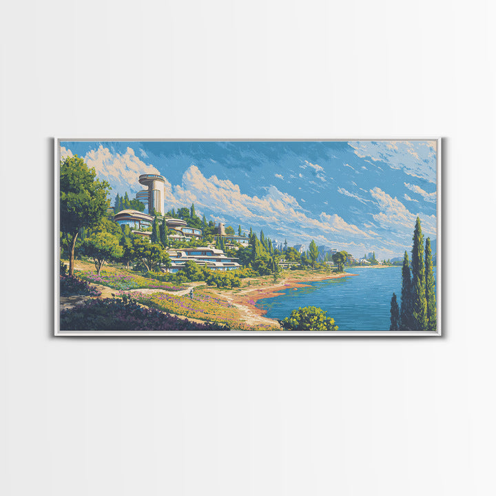 Sunny Lake Como Futuristic Villas Framed Canvas Print, Midcentury Modern Wall Art, Scenic Travel Poster, Blue Home Decor Print