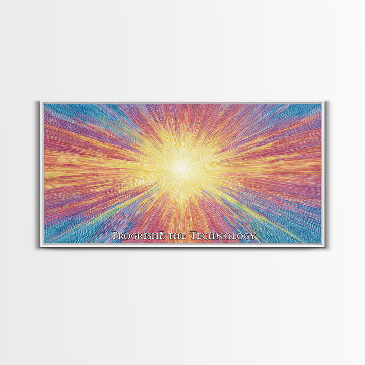 Golden Progress Technology Sunburst Wall Art, Psychedelic Op Art Print, Retro Futuristic Poster, Colorful Office Decor Gift