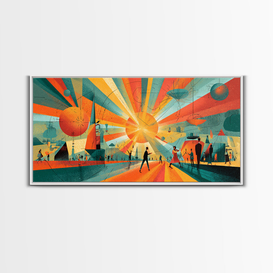 Futuristic Orange Teal City Plaza Framed Canvas Print, Atomic Midcentury Modern Wall Art, Geometric Retro Decor Poster Print