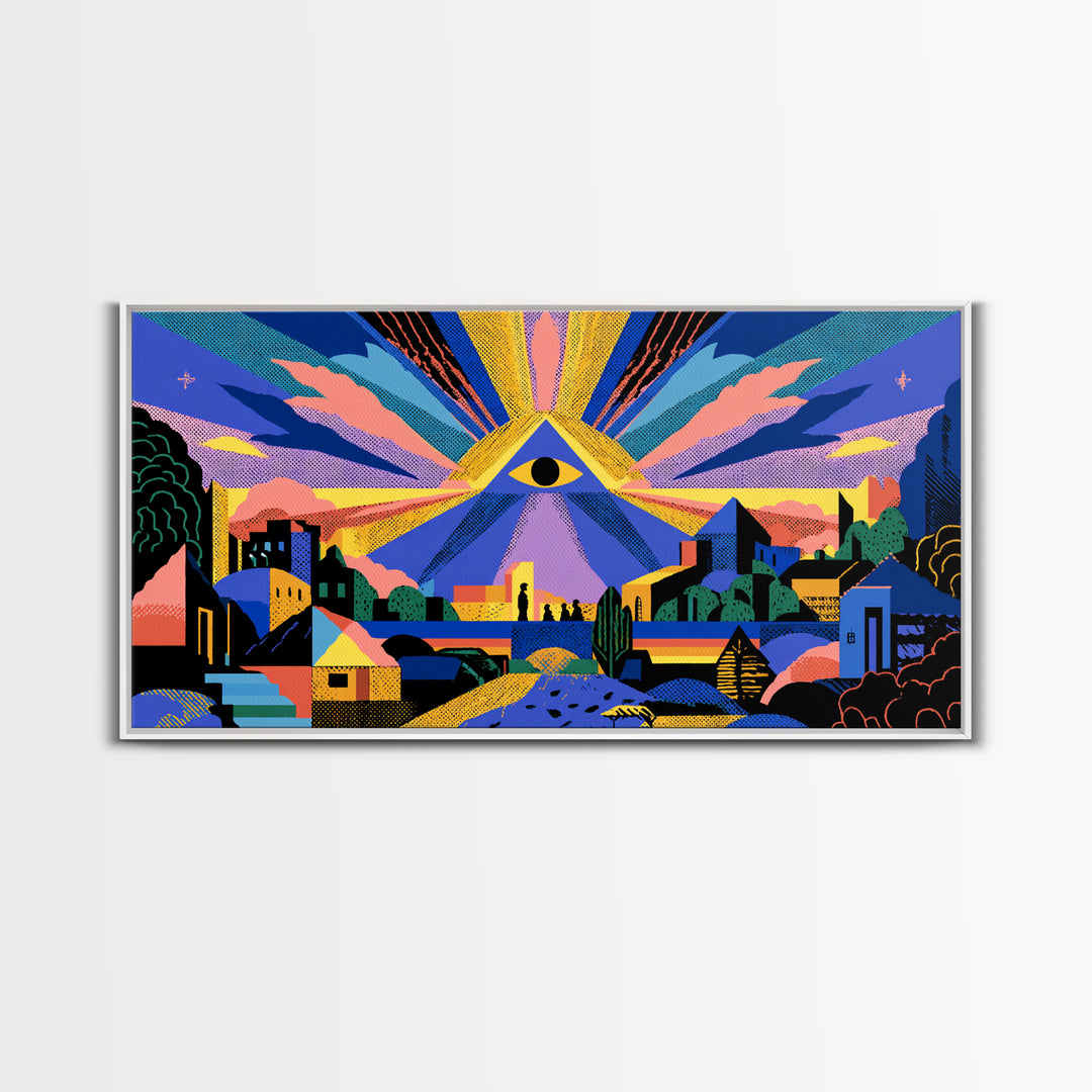 All Seeing Eye Over Colorful City Wall Art, Spiritual Midcentury Modern Print, Psychedelic Retro Poster, Mystical Decor Gift