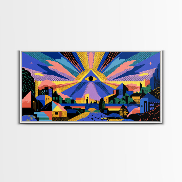 All Seeing Eye Over Colorful City Wall Art, Spiritual Midcentury Modern Print, Psychedelic Retro Poster, Mystical Decor Gift