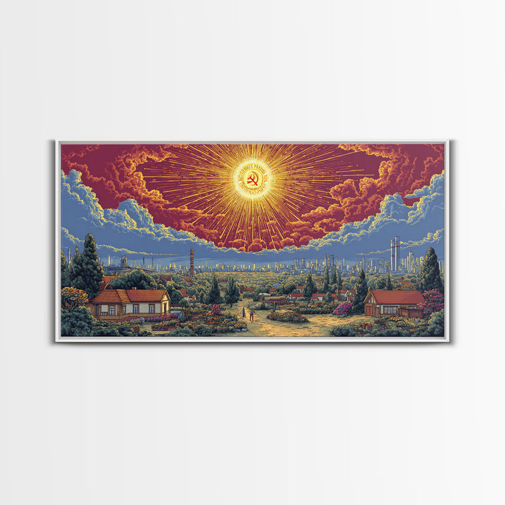 Radiant Socialist Sunrise Over Garden City Wall Art, Retro Futurist Poster, Midcentury Modern Decor, Bold Landscape Print