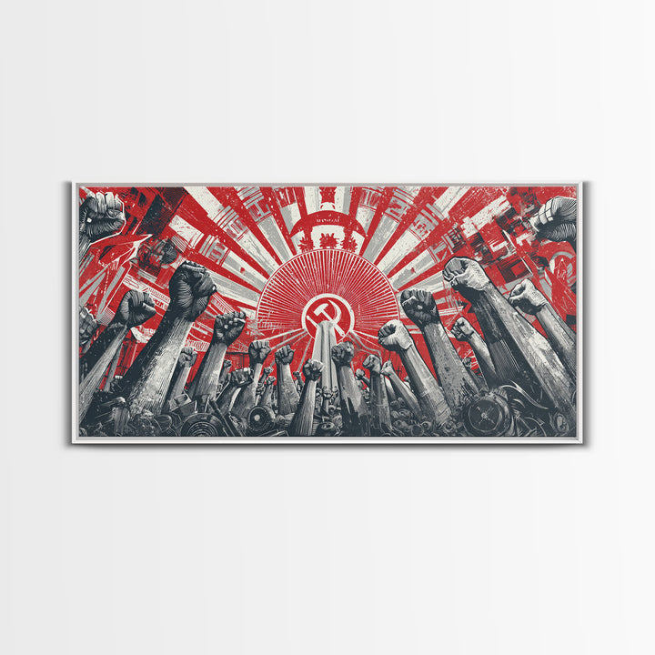 Raised Fists Revolutionary Sunburst Wall Art, Red Black Retro Poster, Midcentury Modern Decor, Bold Graphic Protest Print
