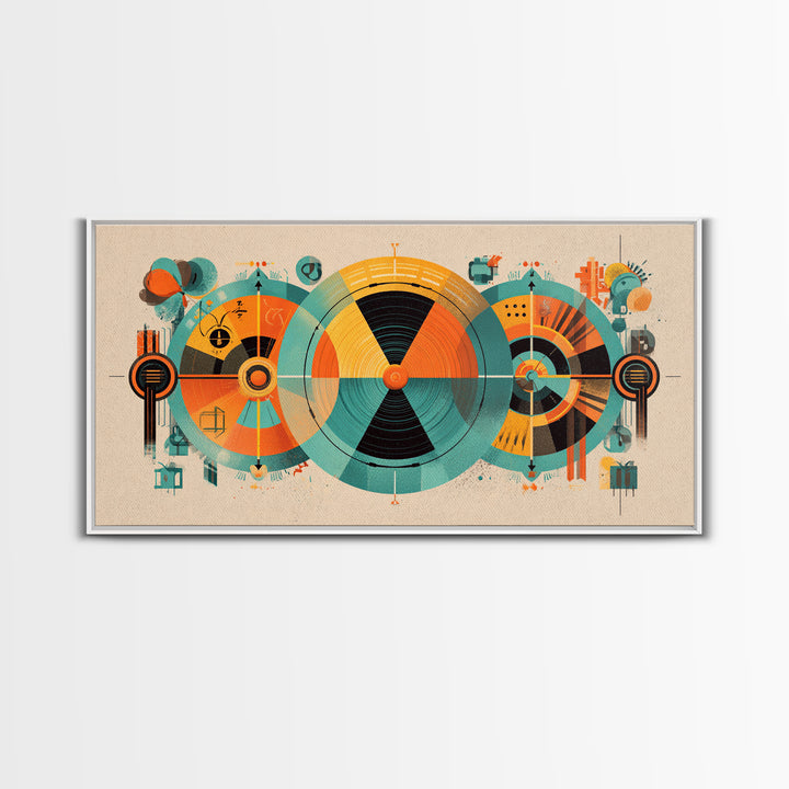 Abstract Atomic Circles And Teal Orange Geometry Wall Art, Bauhaus Midcentury Modern Decor, Retro Geometric Poster Print