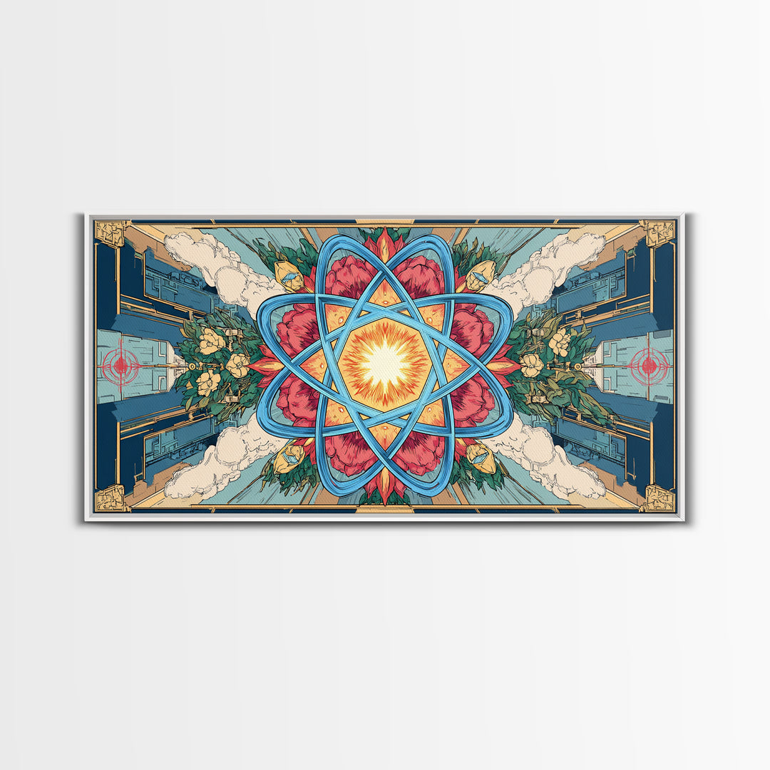 Ornate Atomic Starburst Kaleidoscope Framed Canvas Print, Symmetrical Retro Futurist Poster, Midcentury Modern Wall Art Decor