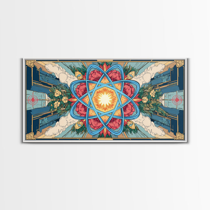 Ornate Atomic Starburst Kaleidoscope Framed Canvas Print, Symmetrical Retro Futurist Poster, Midcentury Modern Wall Art Decor