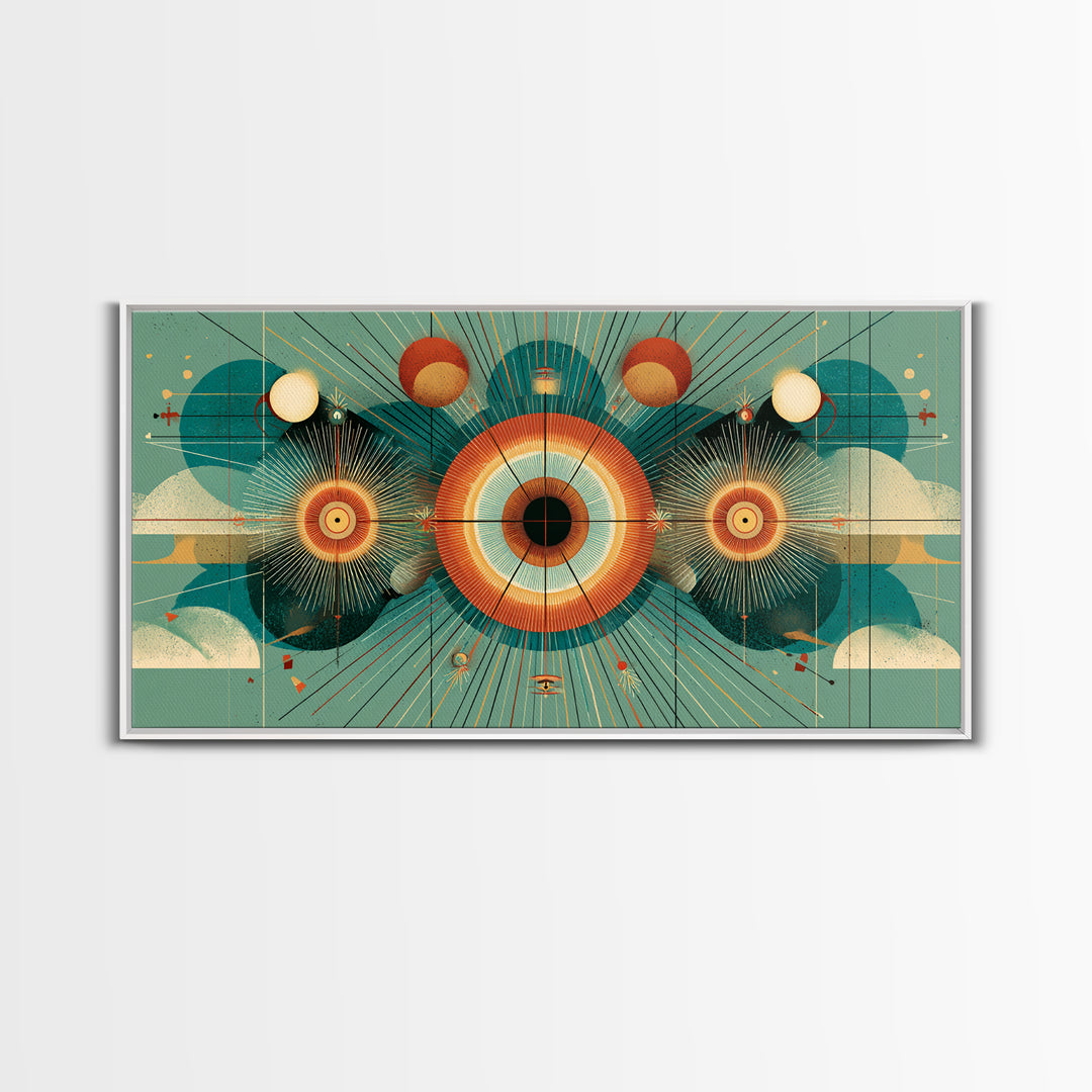Cosmic Eye With Planets And Sunbursts Wall Art, Atomic Retro Futurist Poster, Midcentury Modern Geometric Teal Decor Print