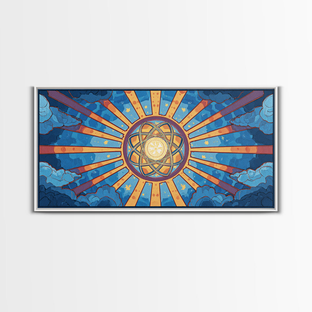 Celestial Atomic Starburst In Blue Clouds Canvas Print, Retro Futurist Midcentury Modern Wall Art, Geometric Poster Decor