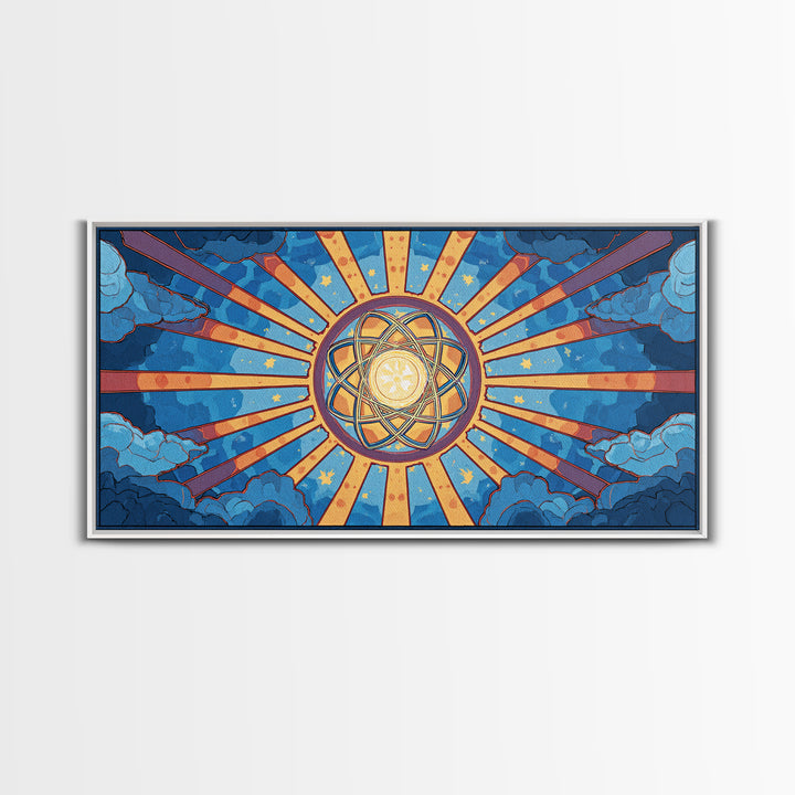 Celestial Atomic Starburst In Blue Clouds Canvas Print, Retro Futurist Midcentury Modern Wall Art, Geometric Poster Decor