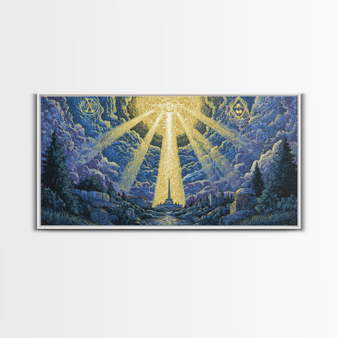 Mystic Mountain Valley With Divine Light Framed Canvas Print, Spiritual Wall Art, Blue Nature Decor, Celestial Home Office