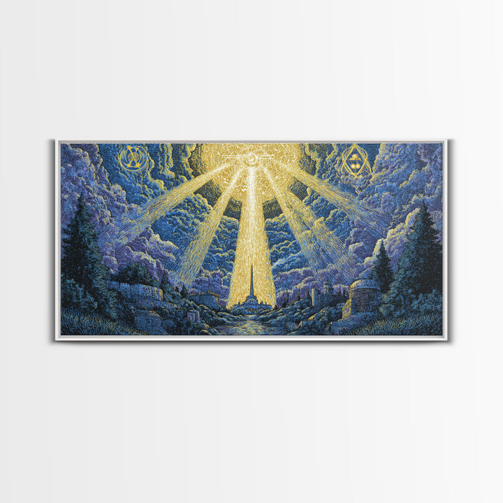 Mystic Mountain Valley With Divine Light Framed Canvas Print, Spiritual Wall Art, Blue Nature Decor, Celestial Home Office